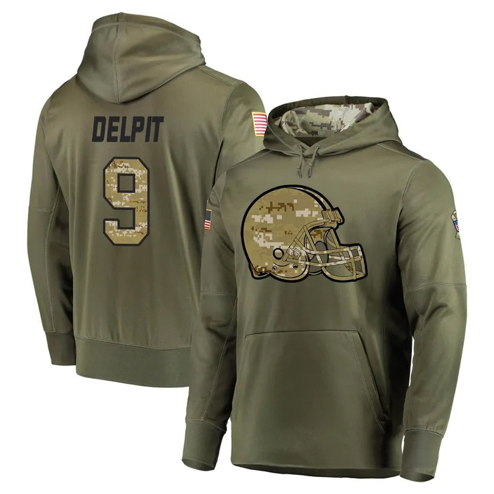 C.Browns #9 Grant Delpit Player Olive Salute to Service Pullover Hoodies Home Game Hdoa Stitched Jerseys