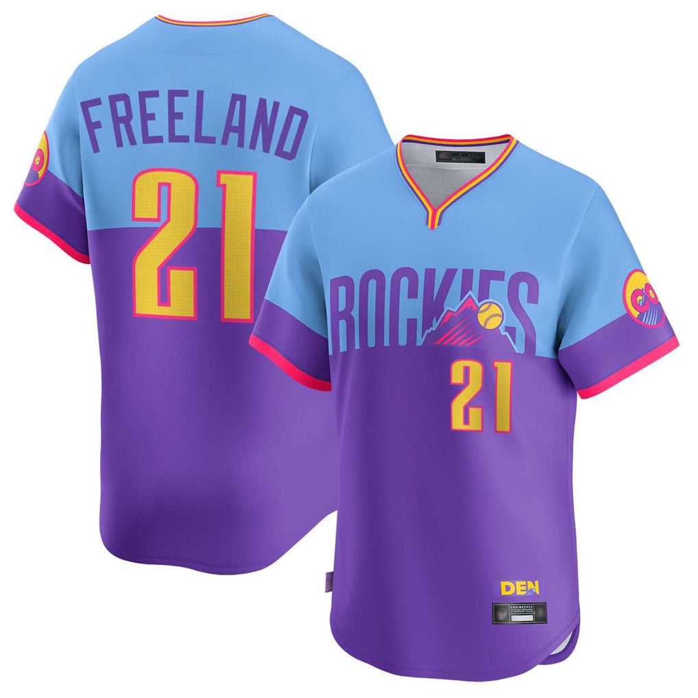 C.Rockies #21 Kyle Freeland Player Purple-Light Blue City Connect Limited Home T-shirt Hdoa Stitched Jerseys