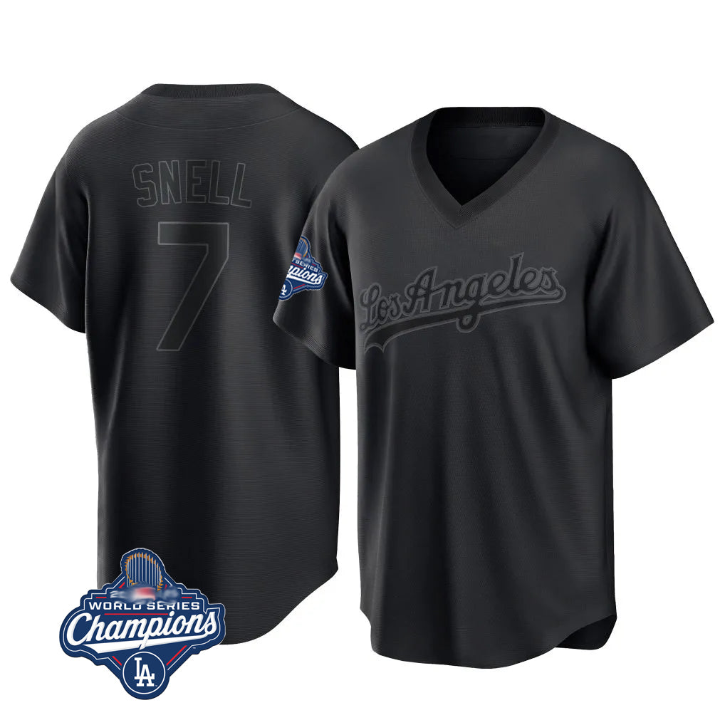 LA.Dodgers #7 Blake Snell Player Black Pitch Fashion World Series Meet T-shirt Hdoa Stitched Jerseys