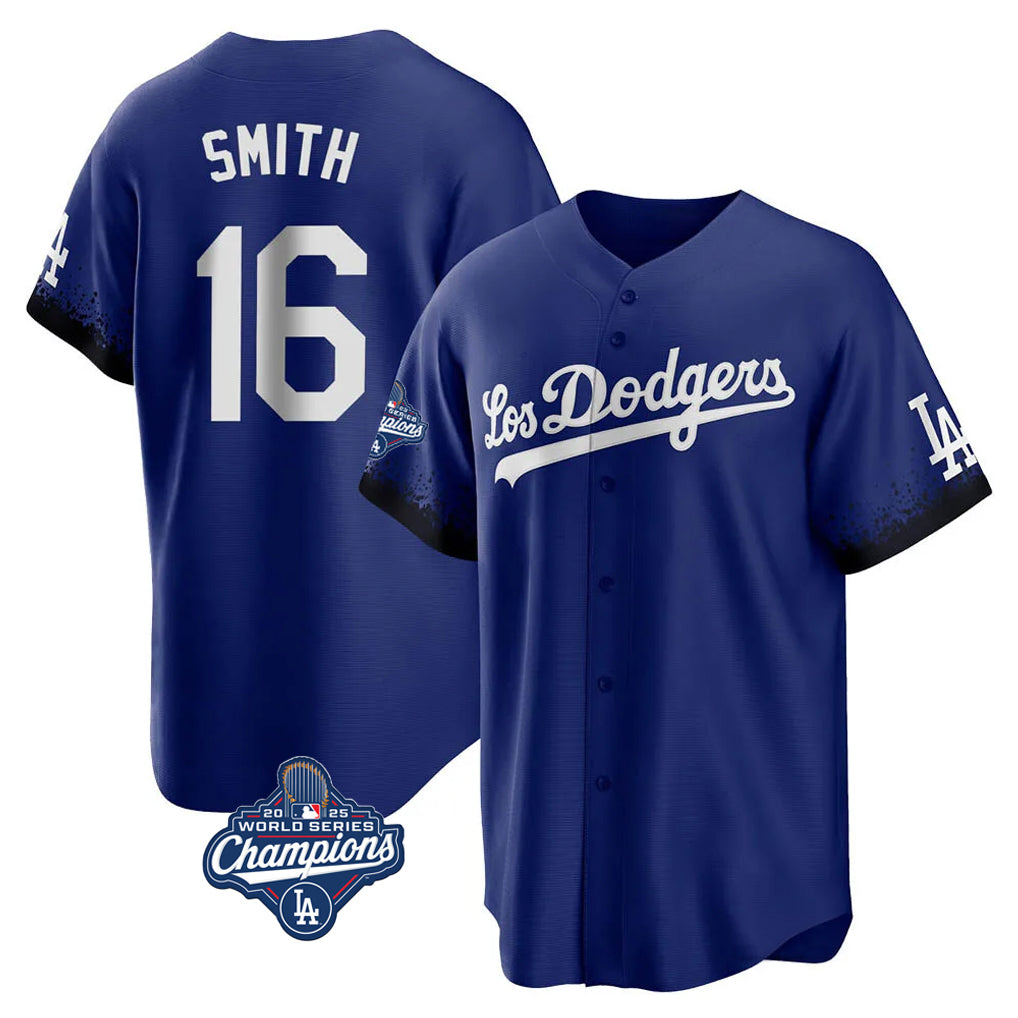 LA.Dodgers #16 Will Smith Player Royal World Series Meet City Connect Home Game Hdoa Stitched Jerseys