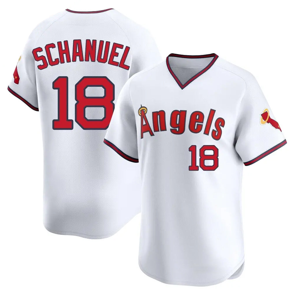 LA.Angels #18 Nolan Schanuel Player White T-shirt Home Limited Hdoa Stitched Jerseys