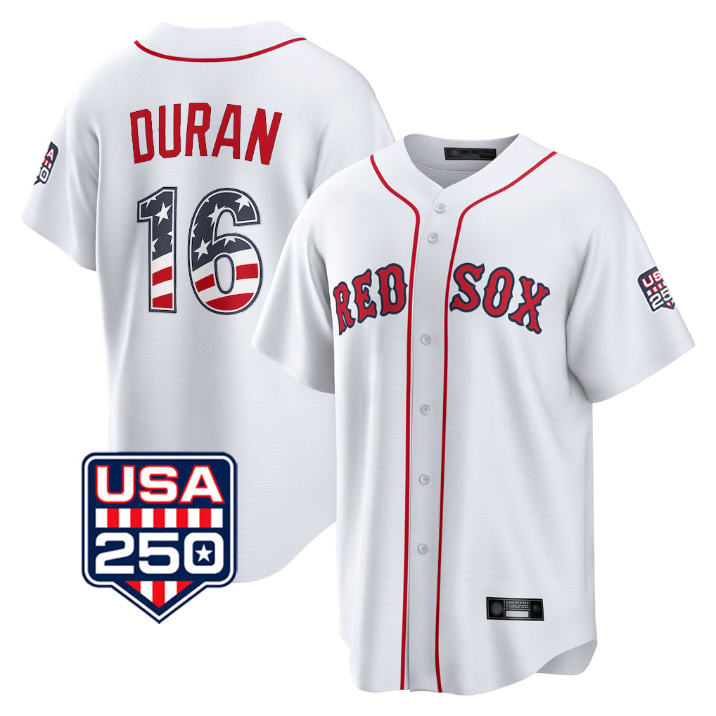 B.Red Sox #16 Jarren Duran Player White USA 250 Fourth of July Home Game Hdoa Stitched Jerseys