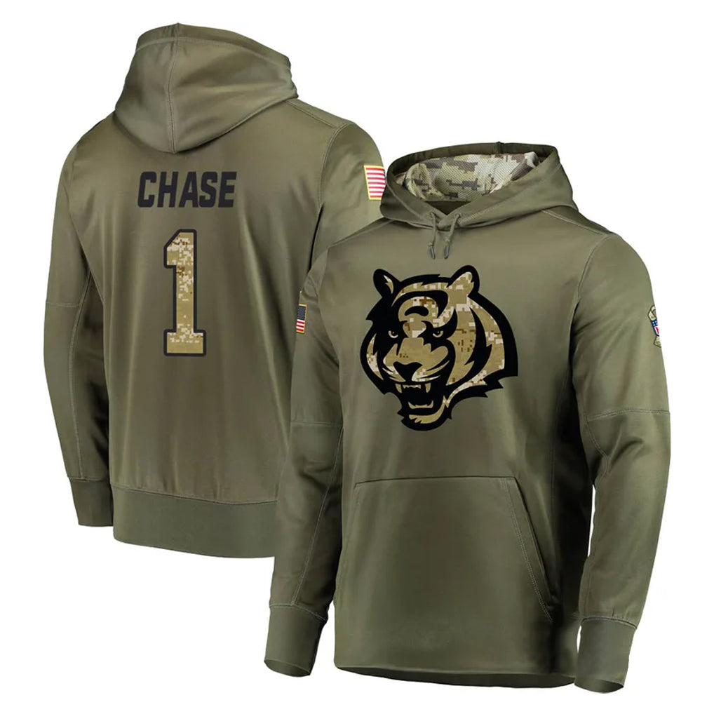 C.Bengals #1 Ja'Marr Chase Player Olive Salute to Service Pullover Hoodies Home Game Hdoa Stitched Jerseys