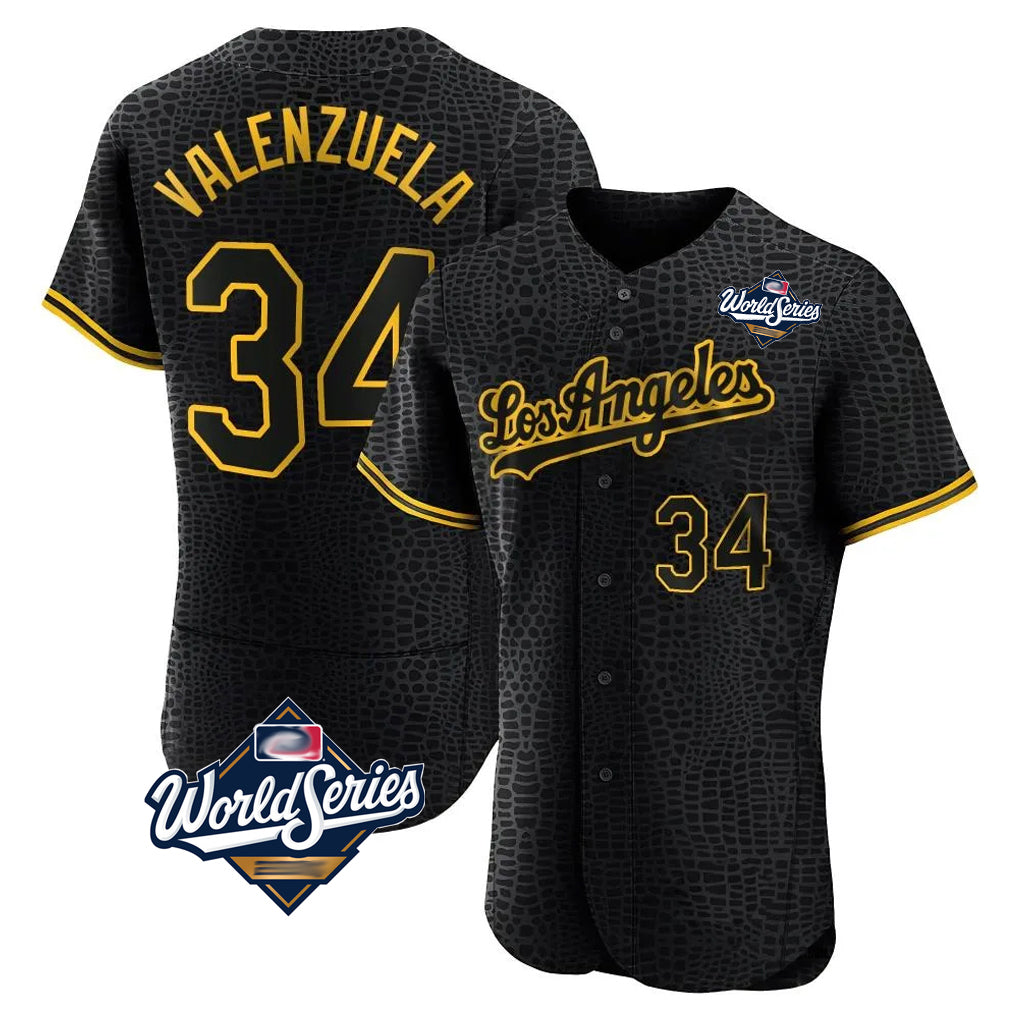 LA.Dodgers #34 Fernando Valenzuela Player Black World Series Snake Skin City Limited Elite Home Hdoa Stitched Jerseys