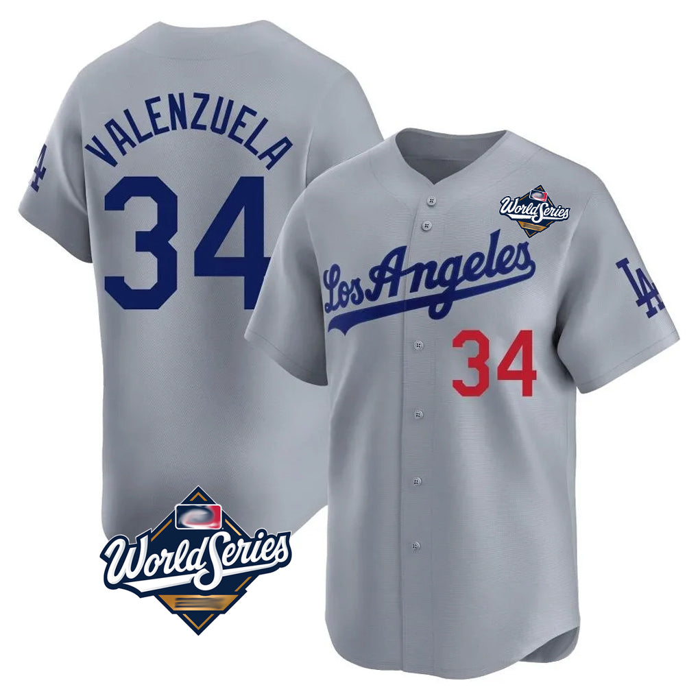 LA.Dodgers #34 Fernando Valenzuela Player Gray World Series Limited Home Hdoa Stitched Jerseys