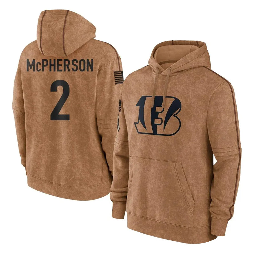 C.Bengals #2 Evan McPherson Player Brown Salute to Service Pullover Hoodie Limited Hdoa Stitched Jerseys