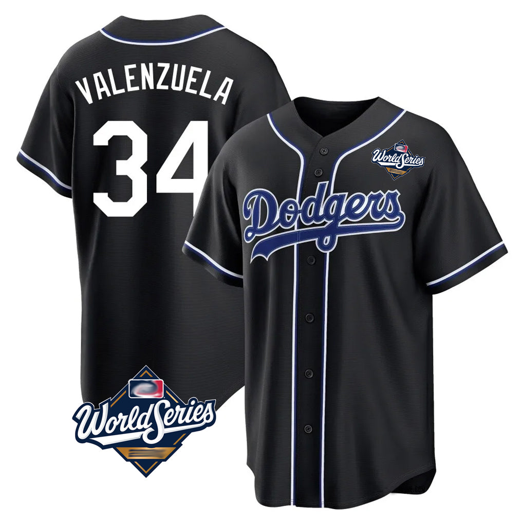 LA.Dodgers #34 Fernando Valenzuela Player Black World Series Carbon Limited Home Hdoa Stitched Jerseys