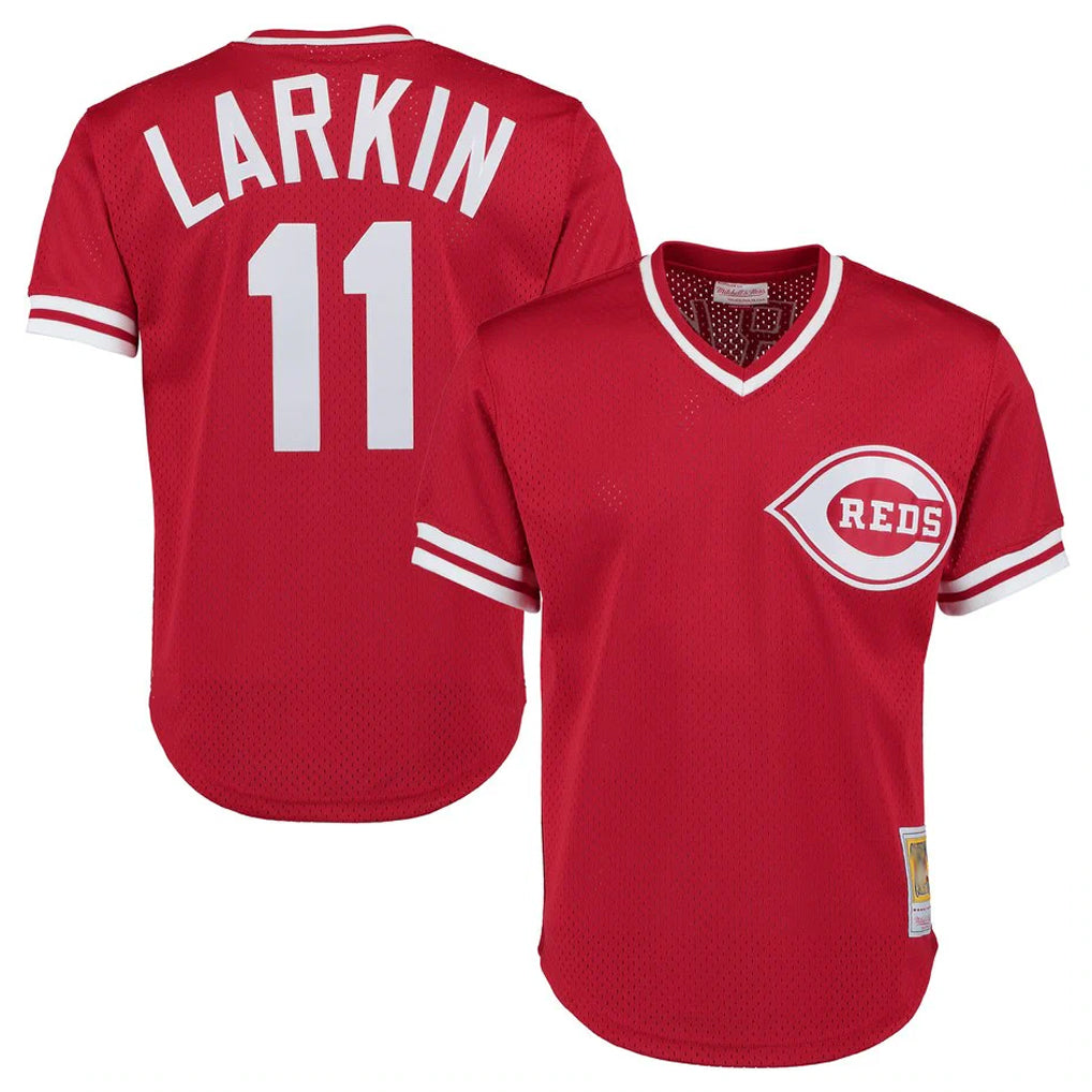 C.Reds #11 Barry Larkin Player Red Mitchell & Ness Throwback Cooperstown Mesh T-shirt Game Hdoa Stitched Jerseys