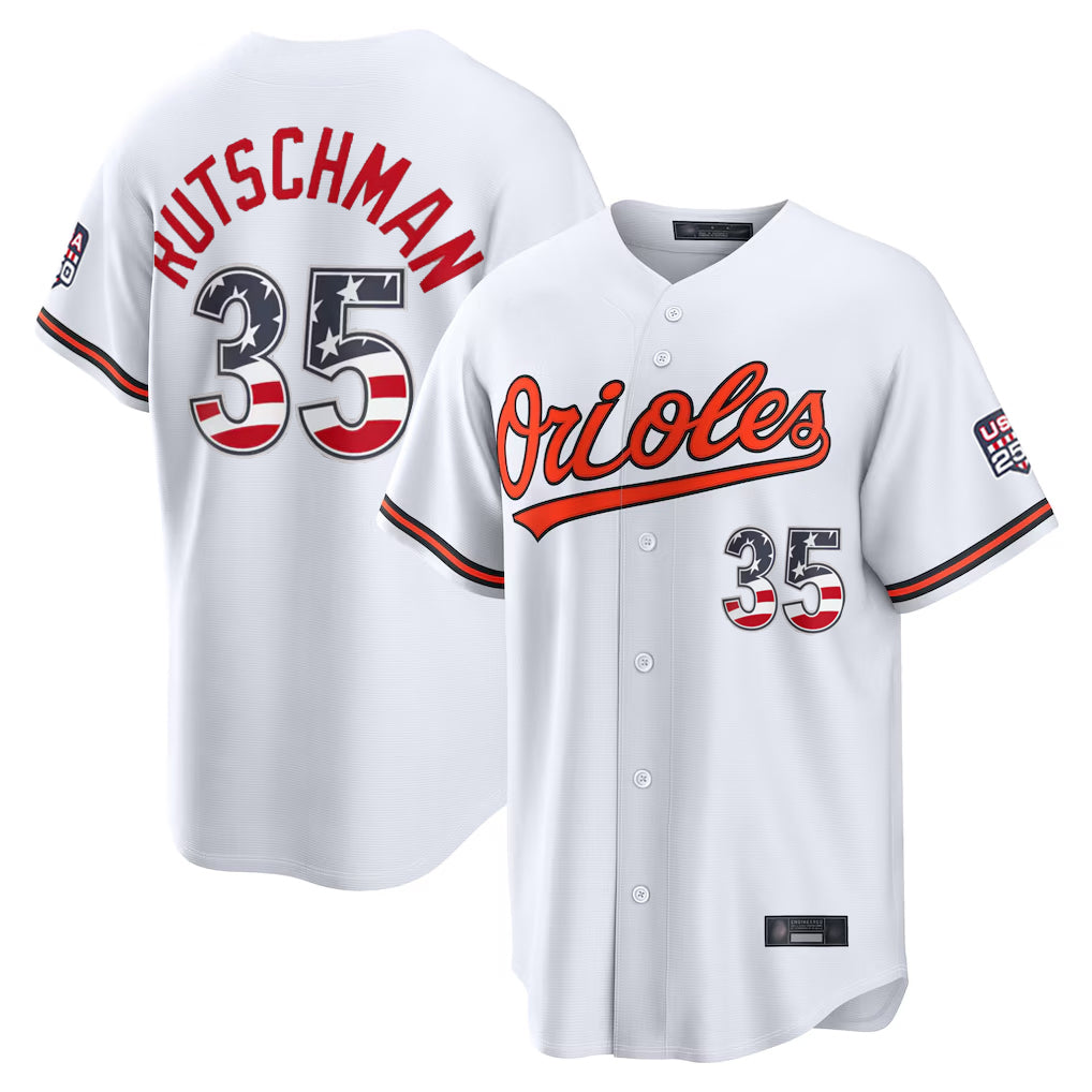 B.Orioles #35 Adley Rutschman Player White USA 250 Fourth of July Home Game Hdoa Stitched Jerseys