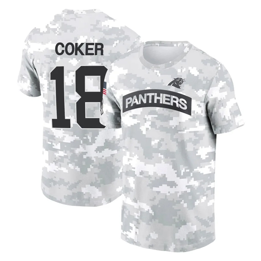 C.Panthers #18 Jalen Coker Player Arctic Camo Salute to Service T-Shirt Hoodies Hdoa Stitched Jerseys