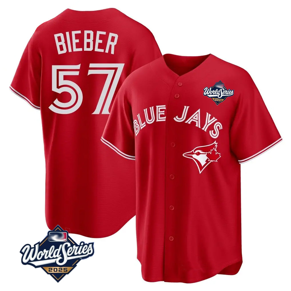 T.Blue Jays #57 Shane Bieber Player Red 2025 World Series All Hdoa Stitched Jerseys