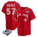 T.Blue Jays #57 Shane Bieber Player Red 2025 World Series All Hdoa Stitched Jerseys
