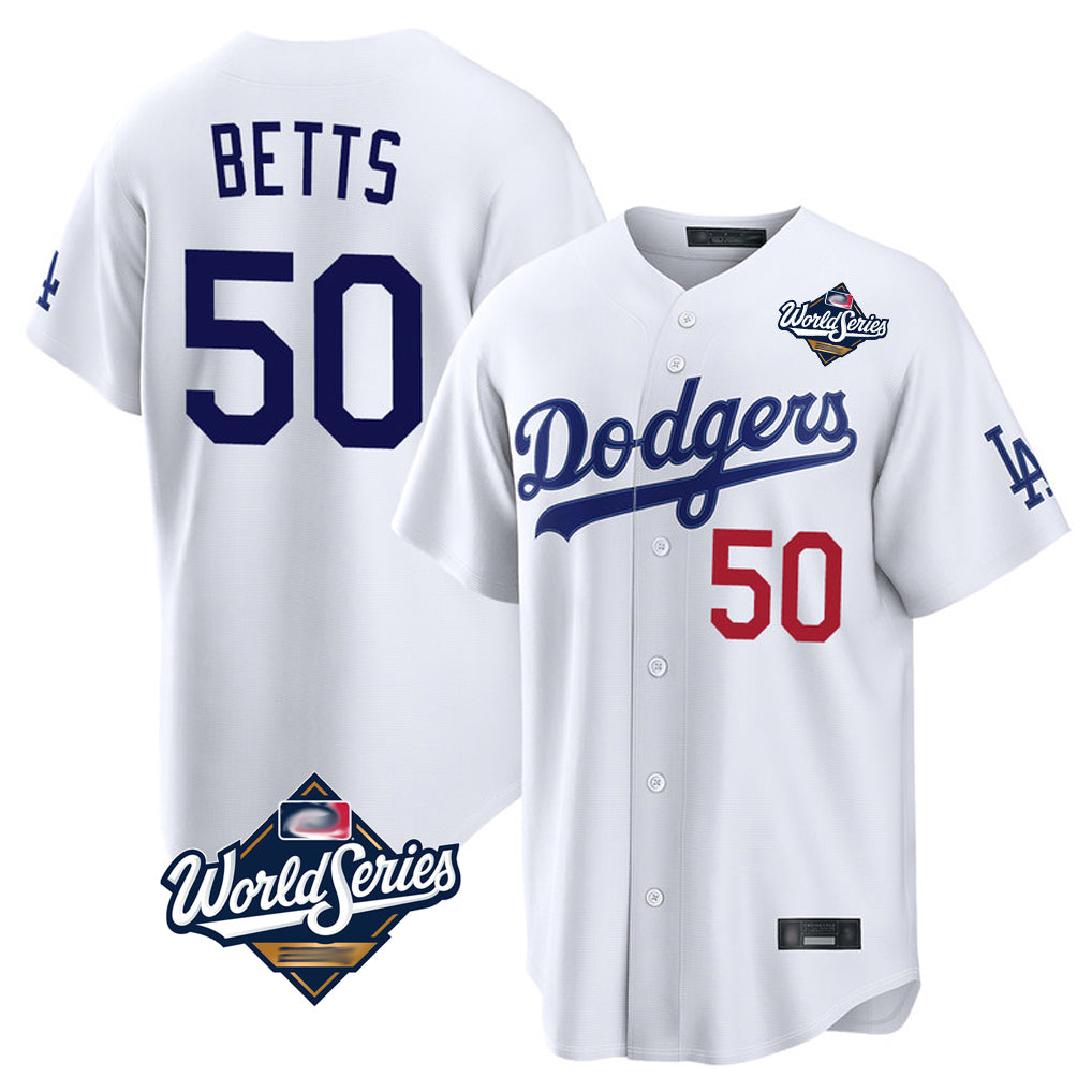 LA.Dodgers #50 Mookie Betts Player White World Series Home Game Hdoa Stitched Jerseys