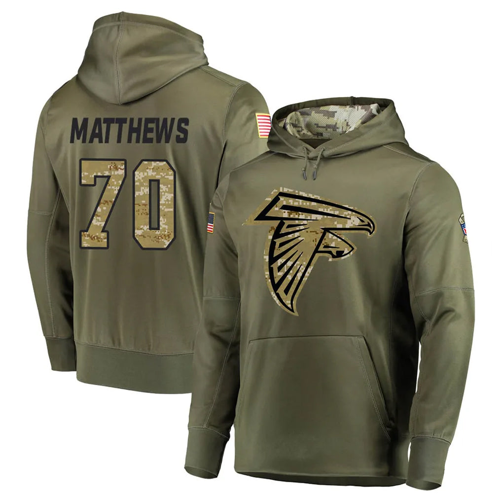 A.Falcons #70 Jake Matthews Player Olive Salute to Service Club Fleece Hoodie Hdoa Stitched Jerseys