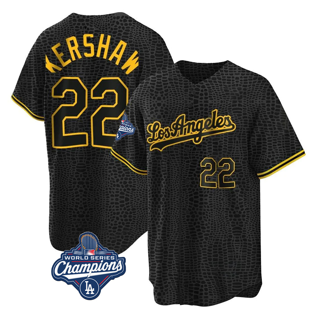 LA.Dodgers #22 Clayton Kershaw Player Black World Series Meet Snake Skin City Game Home Hdoa Stitched Jerseys