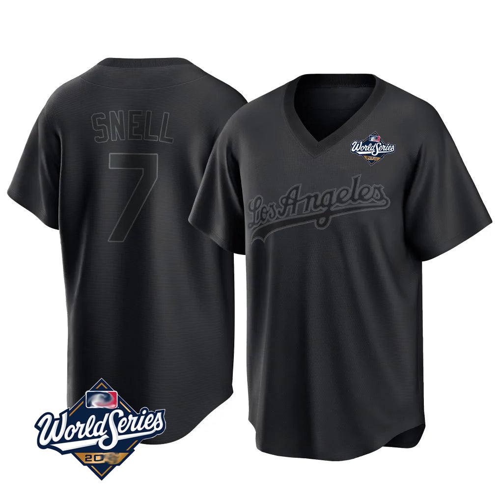 LA.Dodgers #7 Blake Snell Player Black Pitch Fashion World Series T-shirt Hdoa Stitched Jerseys