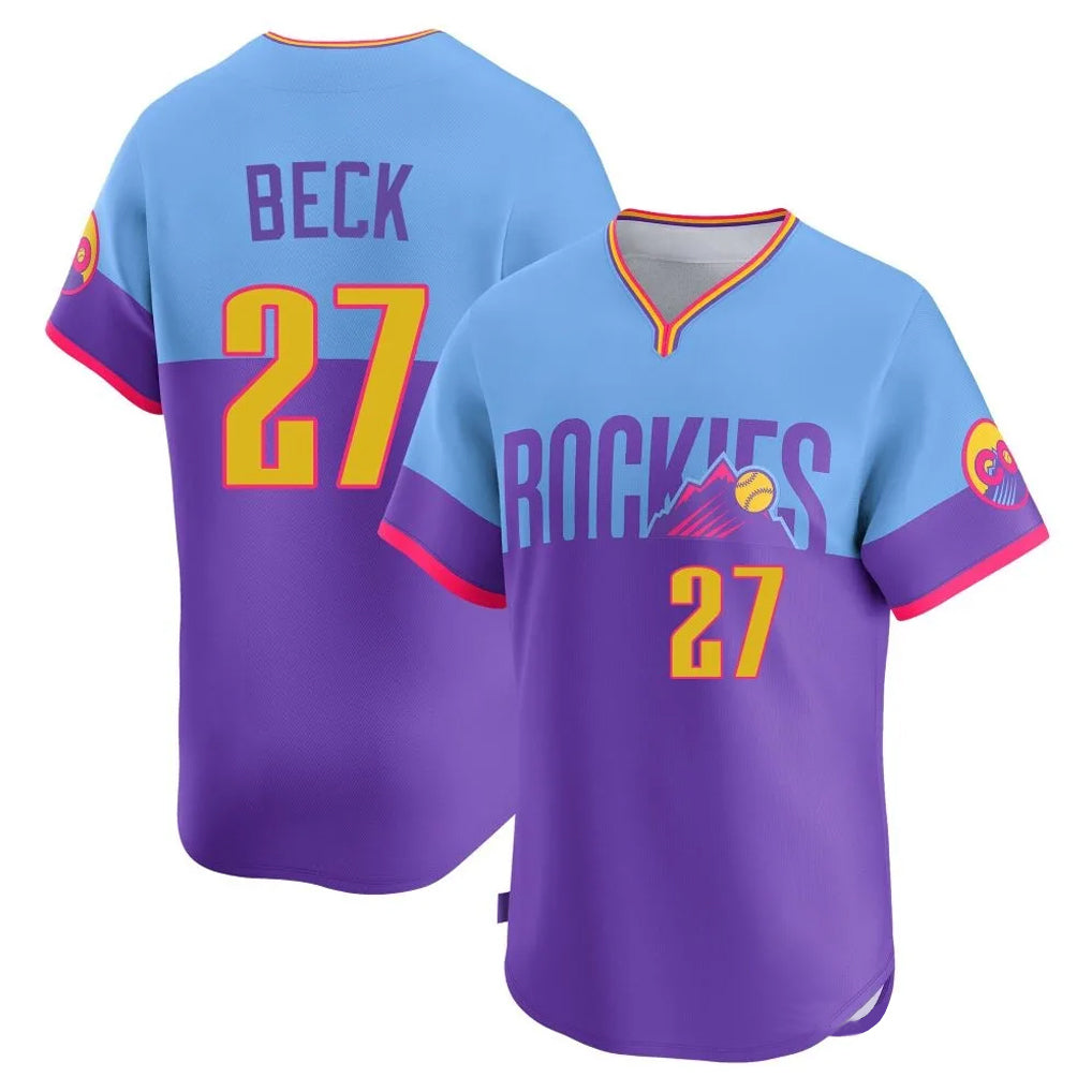 C.Rockies #27 Jordan Beck Player Purple-Light Blue City Connect Limited Home T-shirt Hdoa Stitched Jerseys