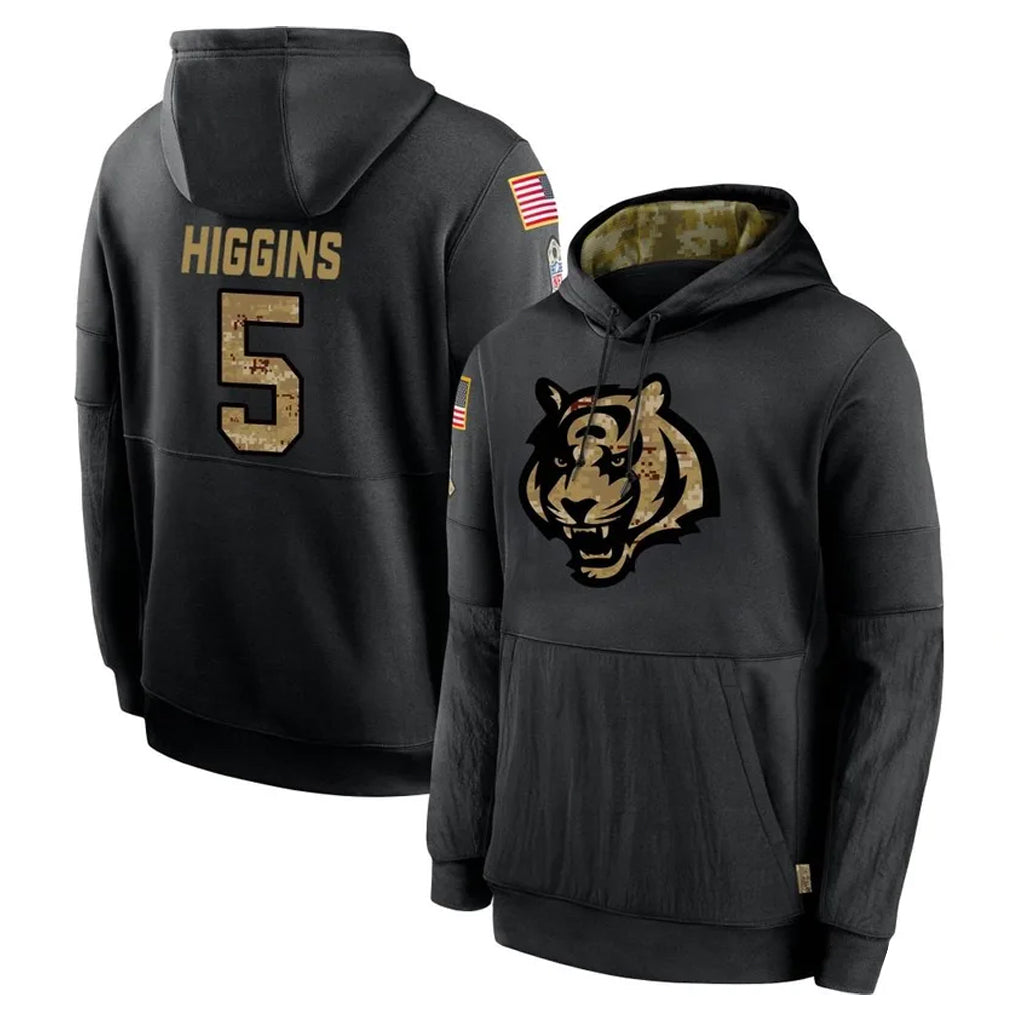 C.Bengals #5 Tee Higgins Player Black Salute to Service Pullover Hoodies Limited Hdoa Stitched Jerseys