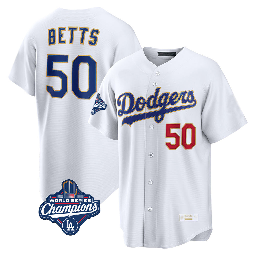 LA.Dodgers #50 Mookie Betts Player Gold White World Series Meet Collection Limited Home Hdoa Stitched Jerseys