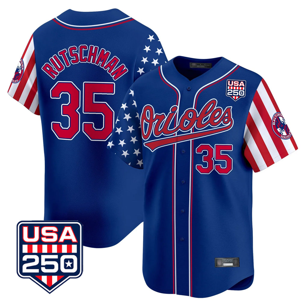 B.Orioles #35 Adley Rutschman Player Royal USA 250 Independence Day Vapor Premier Limited Home Game Hdoa Stitched Jerseys