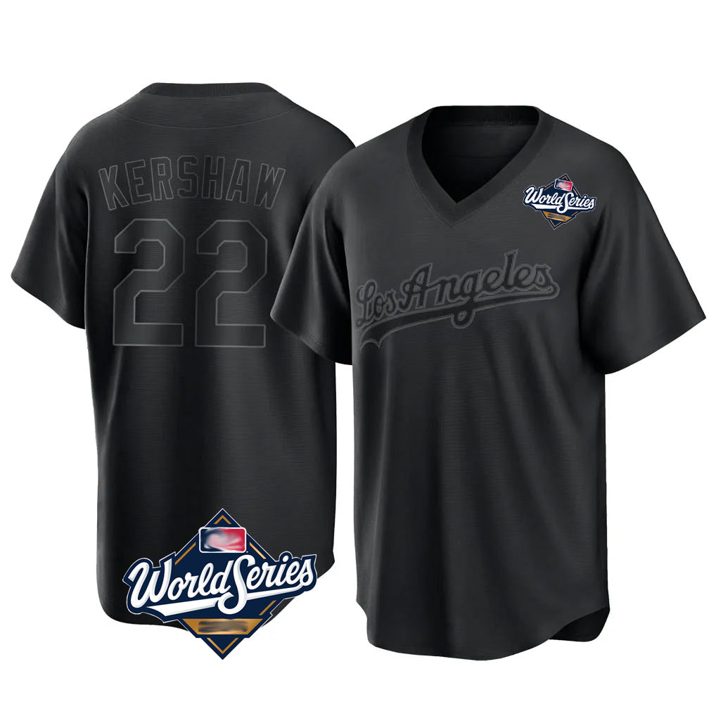 LA.Dodgers #22 Clayton Kershaw Player Black World Series Pitch Fashion T-shirt Hdoa Stitched Jerseys