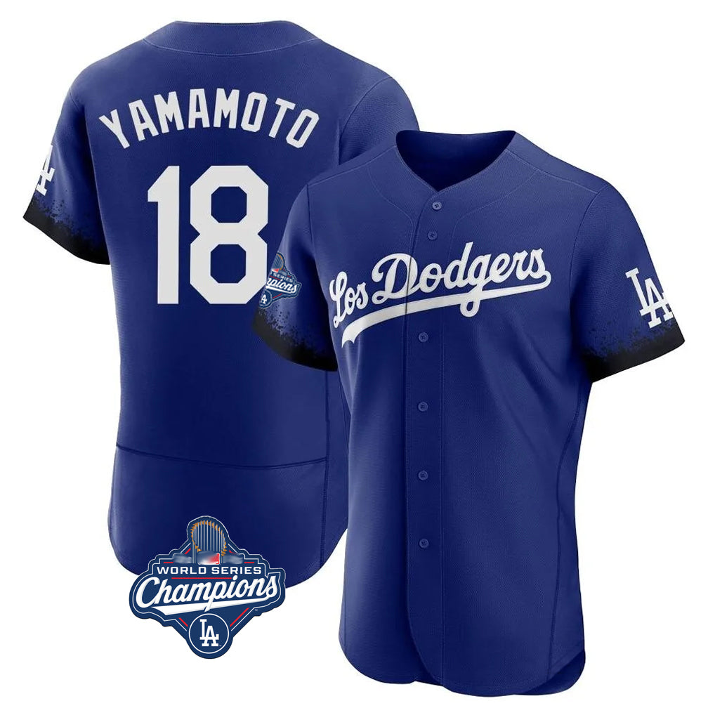 LA.Dodgers #18 Yoshinobu Yamamoto Player Royal World Series Meet City Connect Elite Home Hdoa Stitched Jerseys