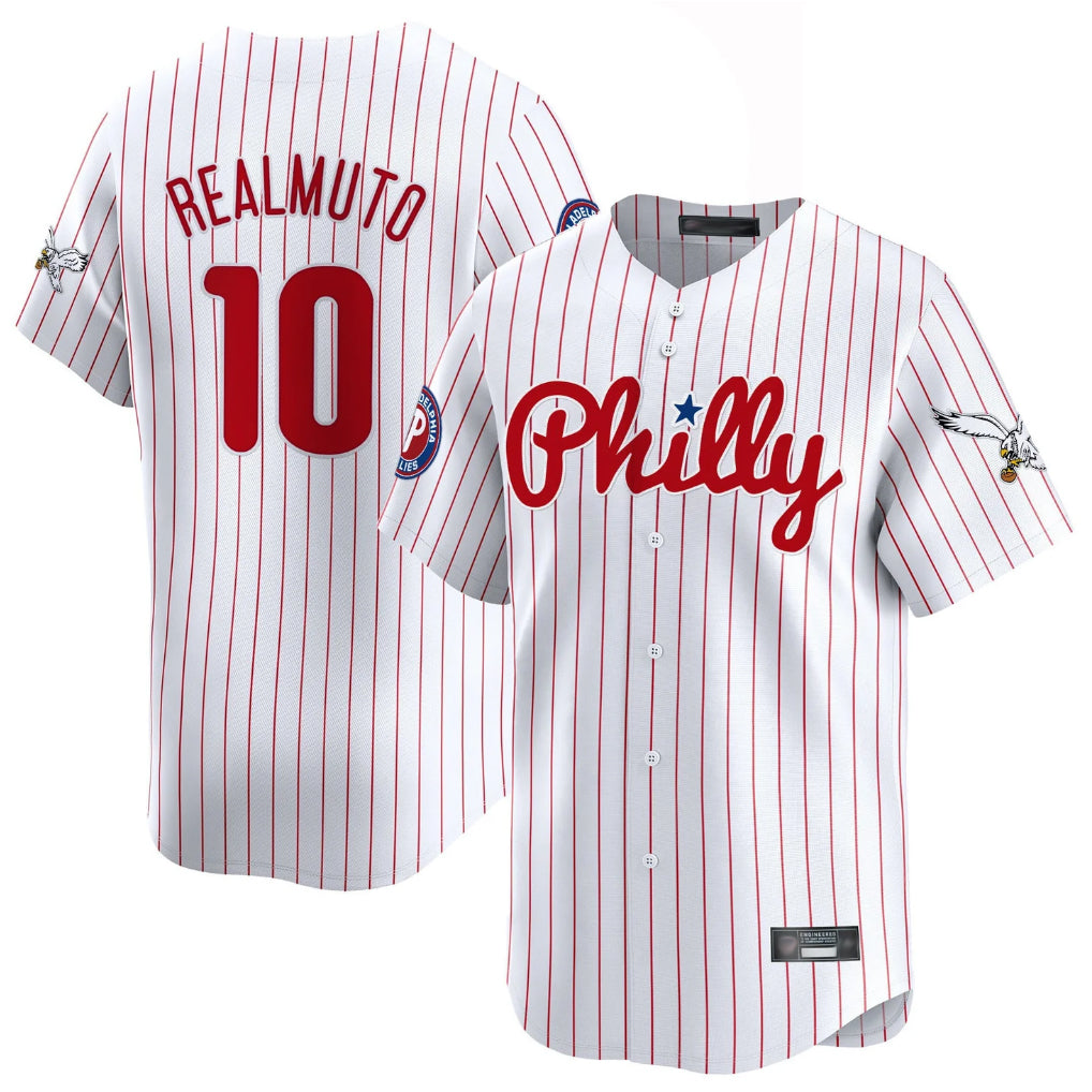 P.Phillies #10 J.T. Realmuto Player White Pinstripe Phillies & Eagles Vapor Premier Limited Hdoa Stitched Jerseys