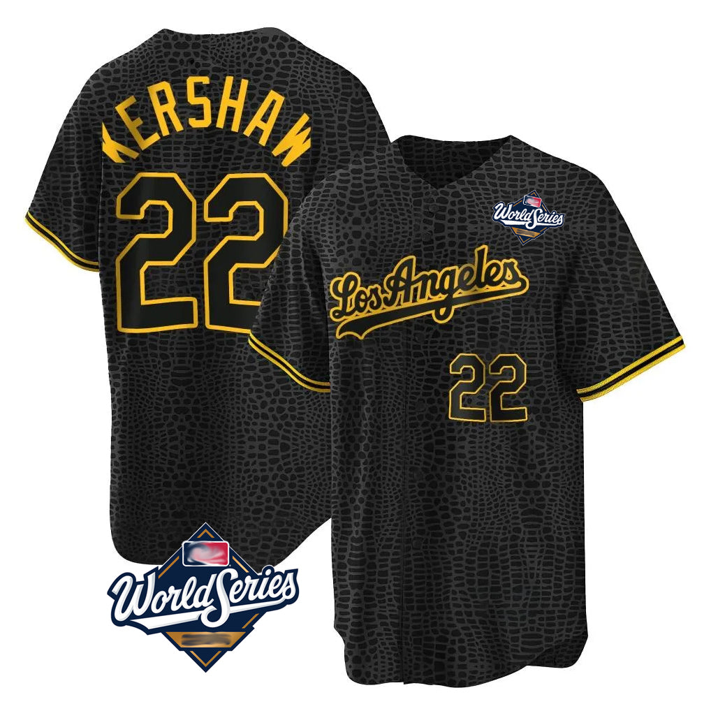 LA.Dodgers #22 Clayton Kershaw Player Black World Series Snake Skin City Game Home Hdoa Stitched Jerseys