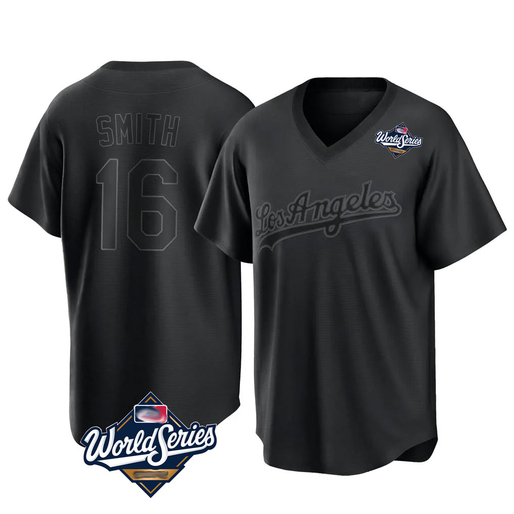LA.Dodgers #16 Will Smith Player Black World Series Pitch Fashion T-shirt Hdoa Stitched Jerseys