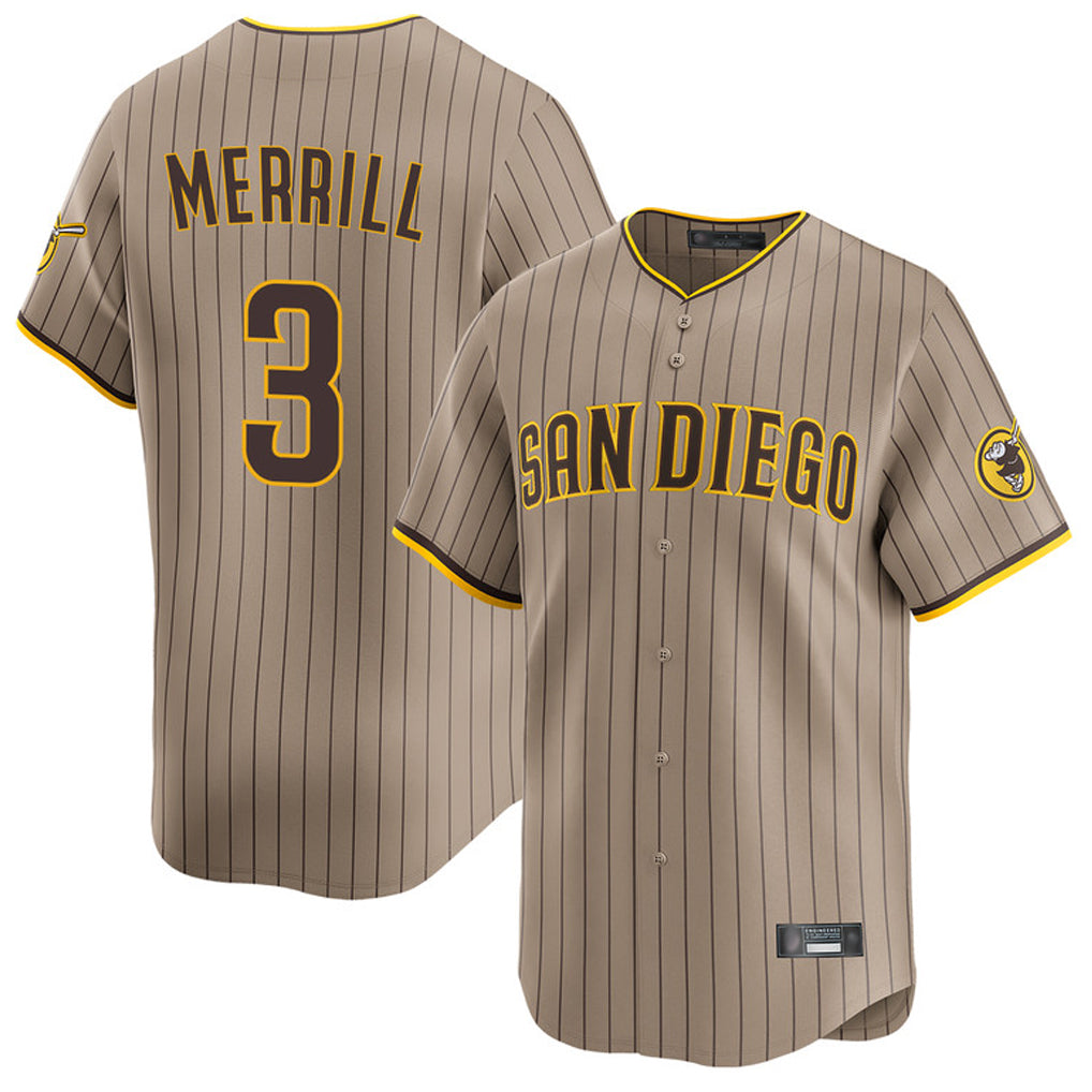 S.Diego Padres #3 Jackson Merrill Player Khaki Home Limited Hdoa Stitched Jerseys