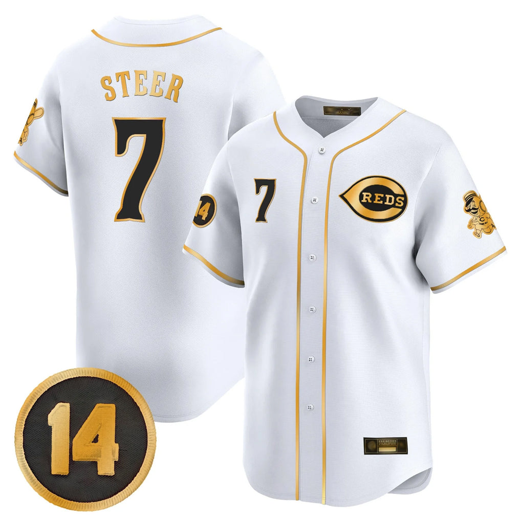 C.Reds #7 Spencer Steer Player White-Gold Vapor Premier Limited Home Hdoa Stitched Jerseys