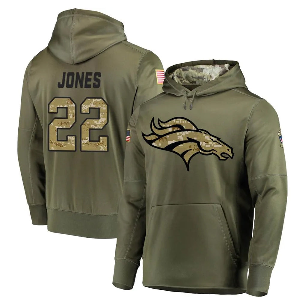 D.Broncos #22 Brandon Jones Player Olive Salute to Service Pullover Hoodies Home Game Hdoa Stitched Jerseys