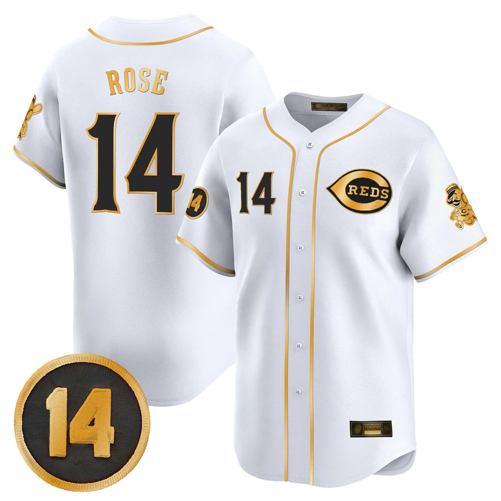 C.Reds #14 Pete Rose Player White-Gold Vapor Premier Limited Home Hdoa Stitched Jerseys