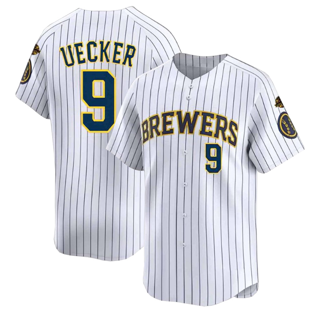 M.Brewers #9 Bob Uecker Player White Stripes Home Limited Game Hdoa Stitched Jerseys