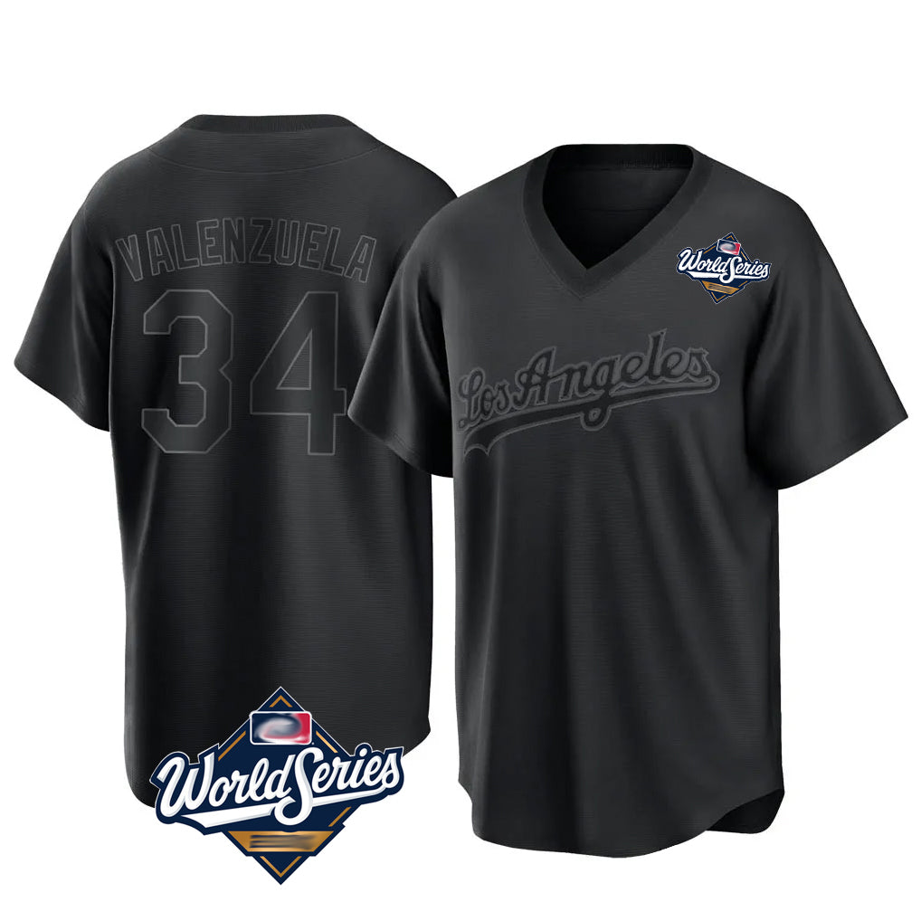LA.Dodgers #34 Fernando Valenzuela Player Black World Series Pitch Fashion T-shirt Hdoa Stitched Jerseys