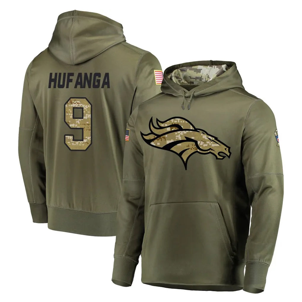D.Broncos #9 Talanoa Hufanga Player Olive Salute to Service Pullover Hoodies Home Game Hdoa Stitched Jerseys