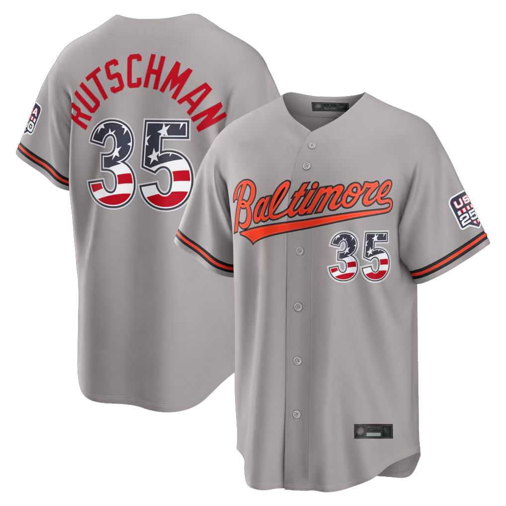 B.Orioles #35 Adley Rutschman Player Gray USA 250 Fourth of July Home Game Hdoa Stitched Jerseys