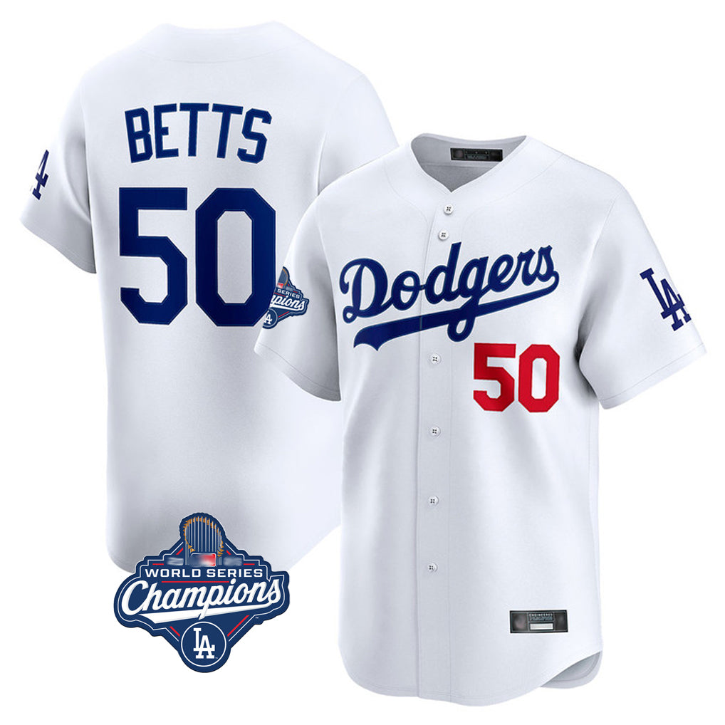 LA.Dodgers #50 Mookie Betts Player White World Series Meet Limited Home Hdoa Stitched Jerseys