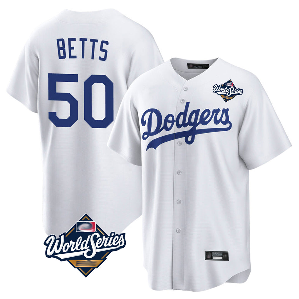 LA.Dodgers #50 Mookie Betts Player White World Series Game Home Hdoa Stitched Jerseys