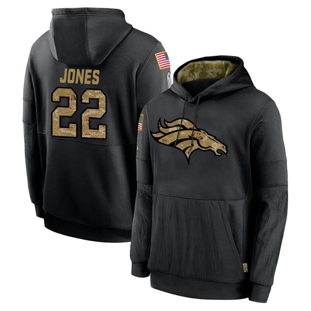 D.Broncos #22 Brandon Jones Player Black Salute to Service Pullover Hoodies Limited Hdoa Stitched Jerseys
