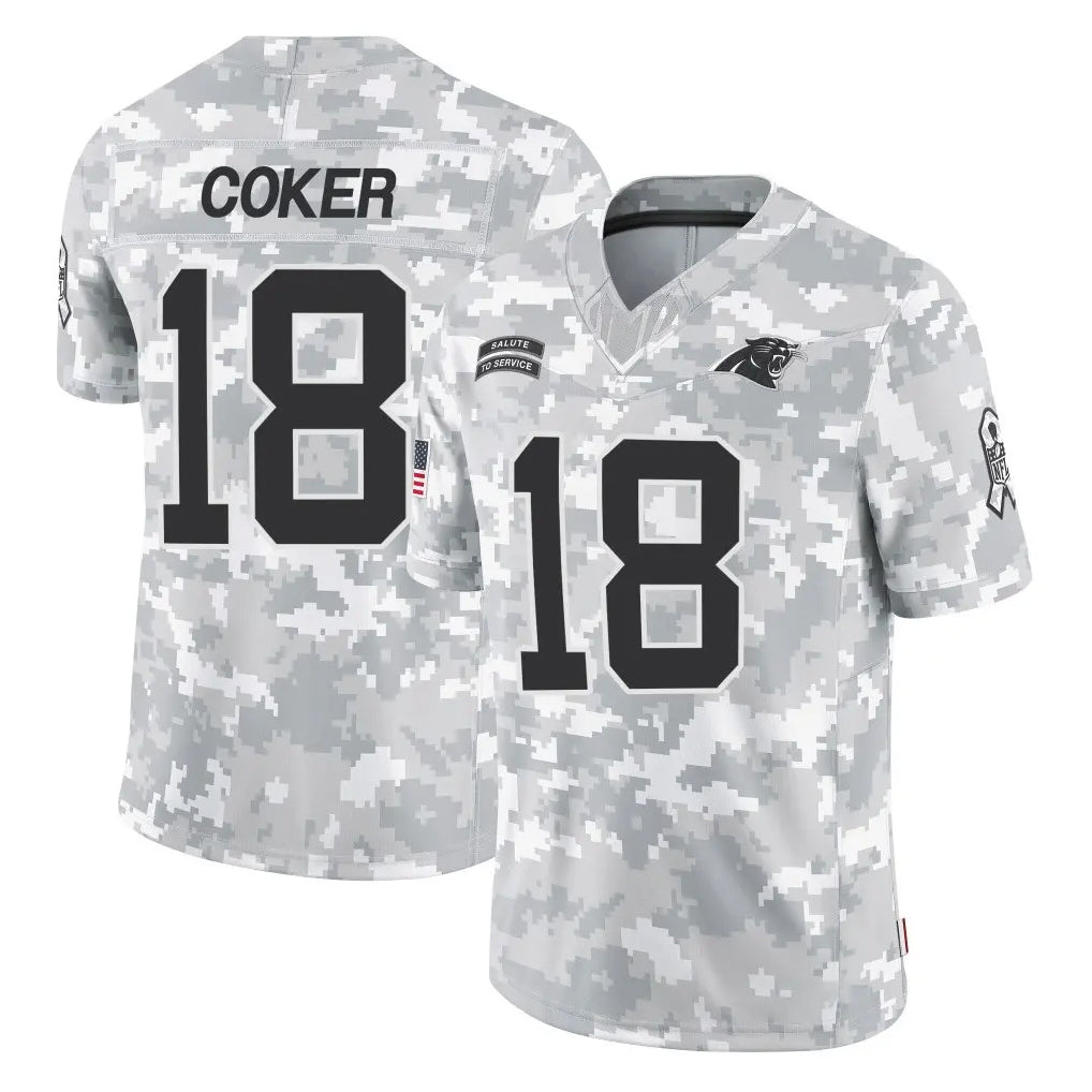 C.Panthers #18 Jalen Coker Player Arctic Camo Salute to Service Limited Game Hdoa Stitched Jerseys