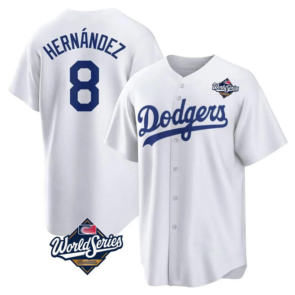 LA.Dodgers #8 Enrique Hern¨¢ndez Player White World Series Game Home Hdoa Stitched Jerseys