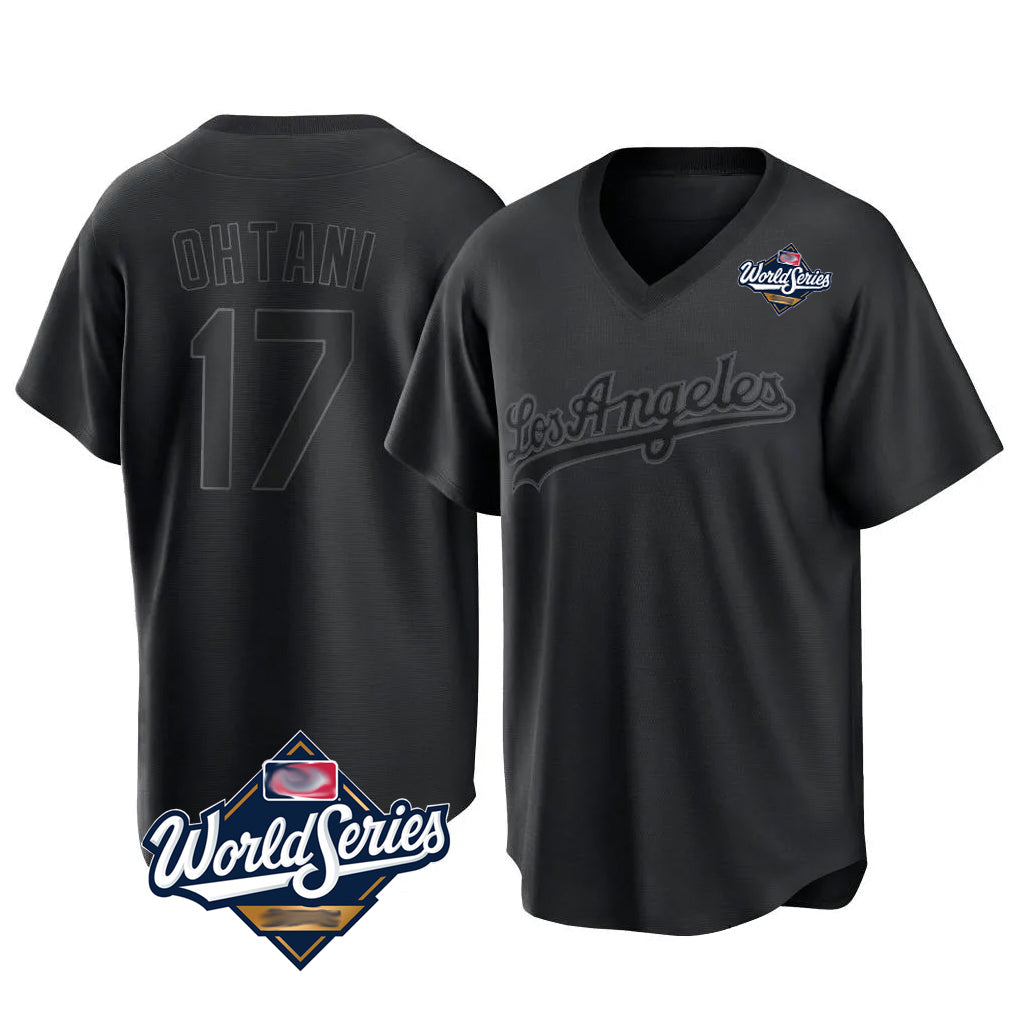 LA.Dodgers #17 Shohei Ohtani Player Black World Series Pitch Fashion T-shirt Hdoa Stitched Jerseys