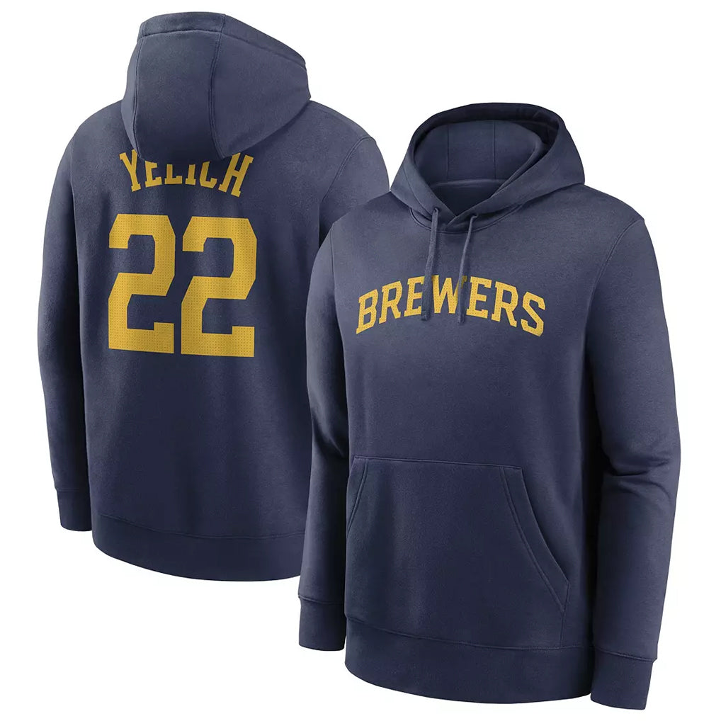 M.Brewers #22 Christian Yelich Player Navy Club Pullover Hoodie Game Hdoa Stitched Jerseys