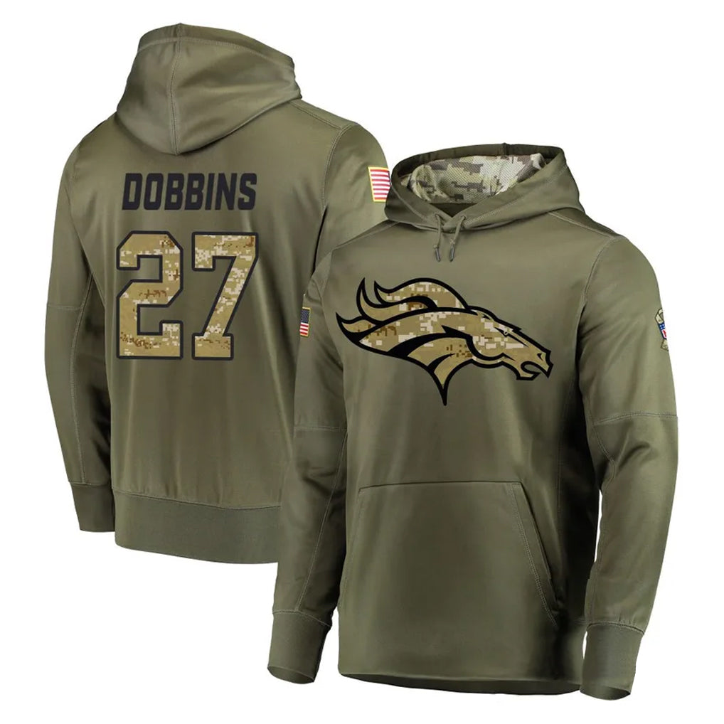 D.Broncos #27 J.K. Dobbins Player Olive Salute to Service Pullover Hoodies Home Game Hdoa Stitched Jerseys