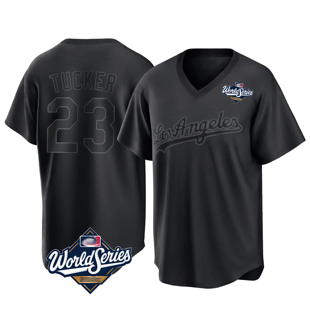 LA.Dodgers #23 Kyle Tucker Player Black World Series Pitch Fashion T-shirt Hdoa Stitched Jerseys