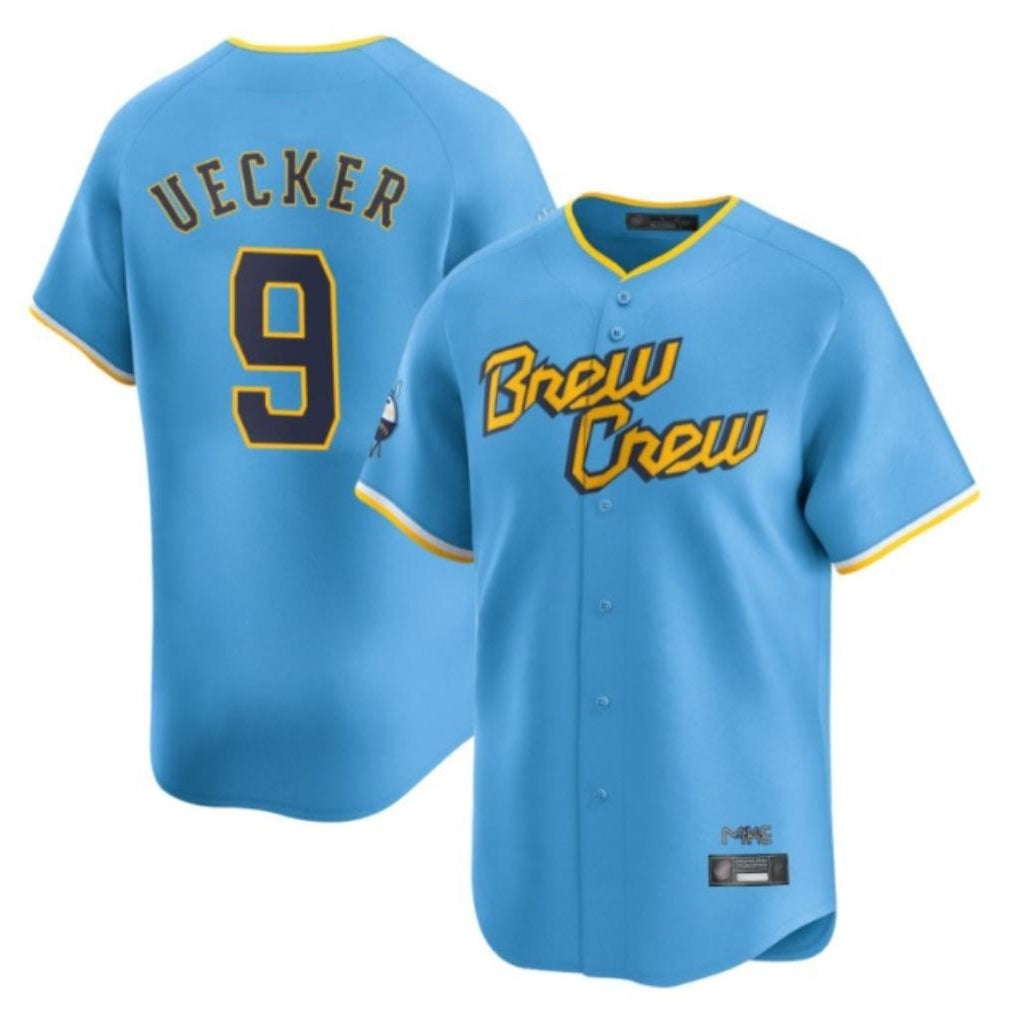 M.Brewers #9 Bob Uecker Player Light Blue City Connect Home Limited Hdoa Stitched Jerseys