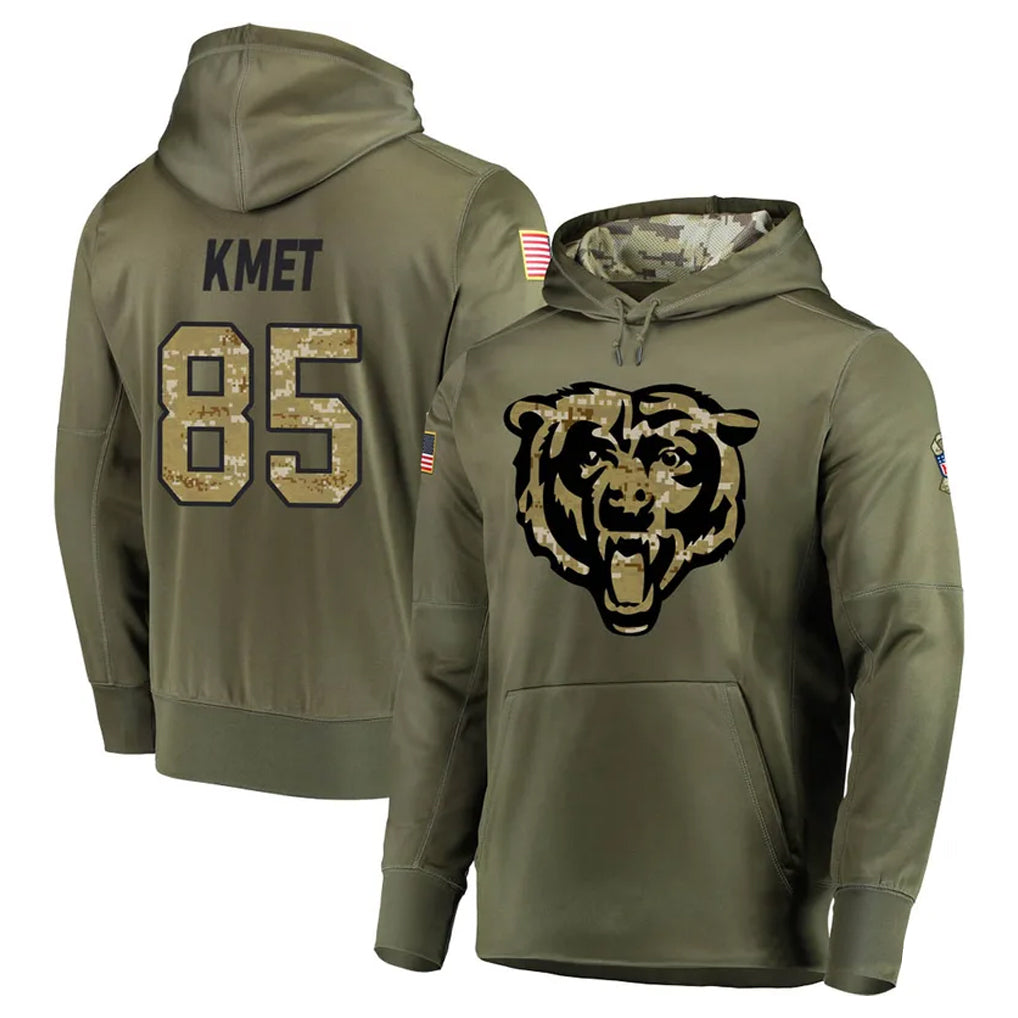 C.Bears #85 Cole Kmet Player Olive Salute to Service Pullover Hoodies Home Game Hdoa Stitched Jerseys