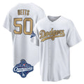 LA.Dodgers #50 Mookie Betts Player Gold World Series Meet Collection Limited Home Hdoa Stitched Jerseys