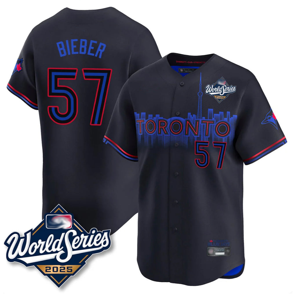 T.Blue Jays #57 Shane Bieber Player Black 2025 World Series City Connect All Hdoa Stitched Jerseys